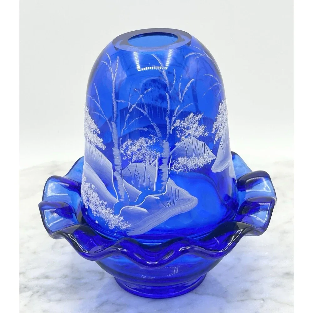 Fenton “Canaan Valley” Cobalt Fairy Lamp Signed D. Frederick